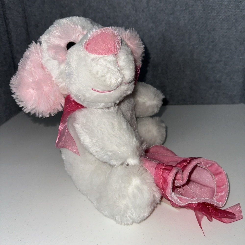 Dan Dee Dog Sits 10"White Plush Pink Ears Soft Stuffed Animal Bow With Gift Bag
